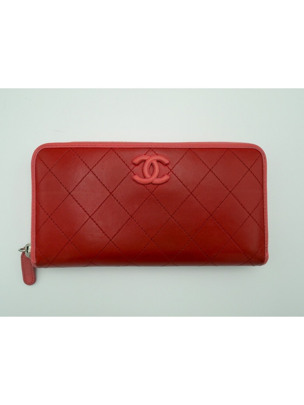 Repainted Chanel Quilted CC Lambskin Zip Around Long Wallet Red Pink COA